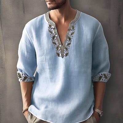 Product Introduction of Men's Ethnic Shirt Linen Shirt Long Sleeve Fashion Streetwear Designer Outdoor Daily Going out Spring & Summer Stand Collar Print Yellow Light Green Pink Red Navy Blue 4