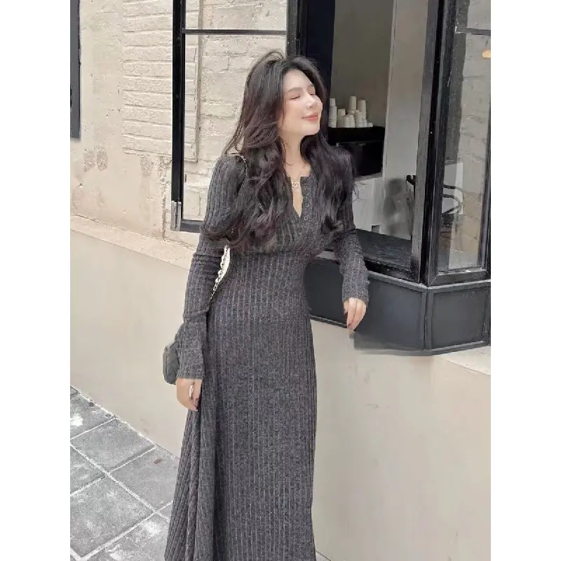 Váy Gân Dài Mỏng, Phong Cách, Dành Cho Nữ, Thích Hợp Cho Mùa Thu Và Mùa Đông, Kiểu Pháp Women Dress Kem Chấm Bi Voan Đen