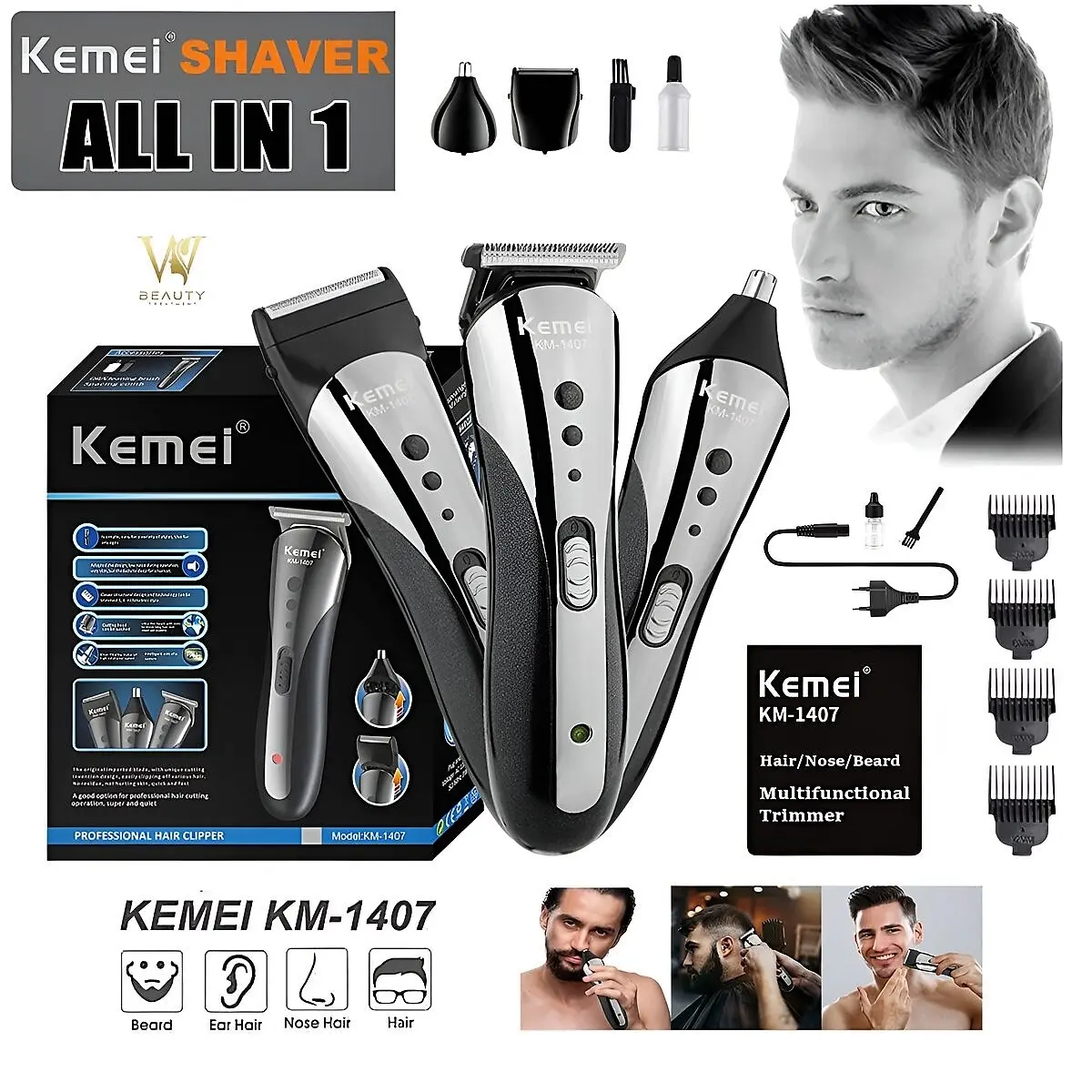 Alat Mesin Cukur Rambut Kumis Jenggot 3in1 Pisau Tajam dan Pencukuran Cepat l Kemei KM-1407 Original