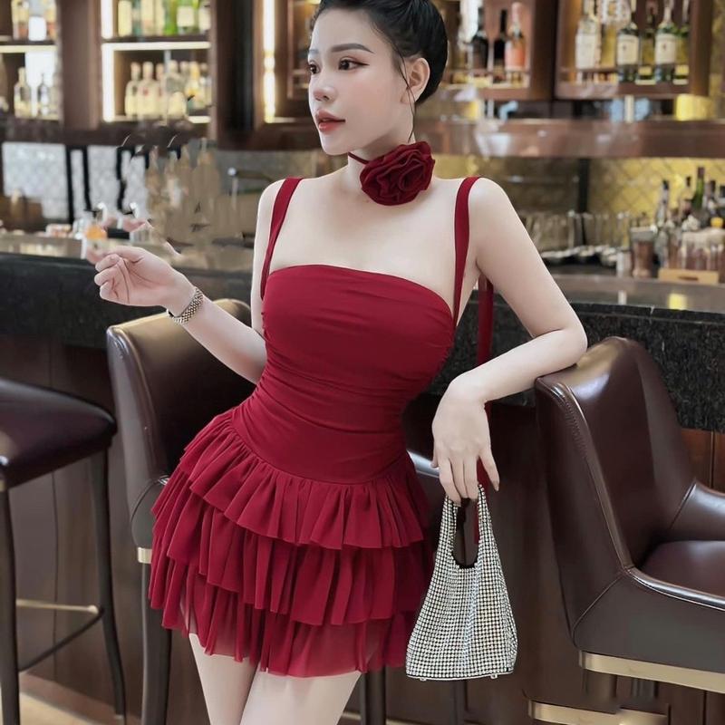 Đầm Body Hai Dây Cúp Ngực Thun Lưới Dẻo Sịn Dáng Ngắn Xoè 3 Tầng  + Chocker Hoa Nữ Dress Women Voan Màu Hồng   váy thường mặc