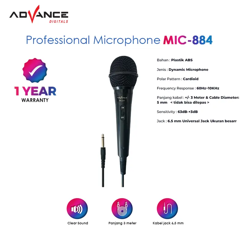 MIC884 Karaoke Advance Profesional Dynamic Microphone Mic Kabel Jack Besar 6.5mm Ada Switch on off Suara Mantap Mic Kabel Murah Colokan Hitam