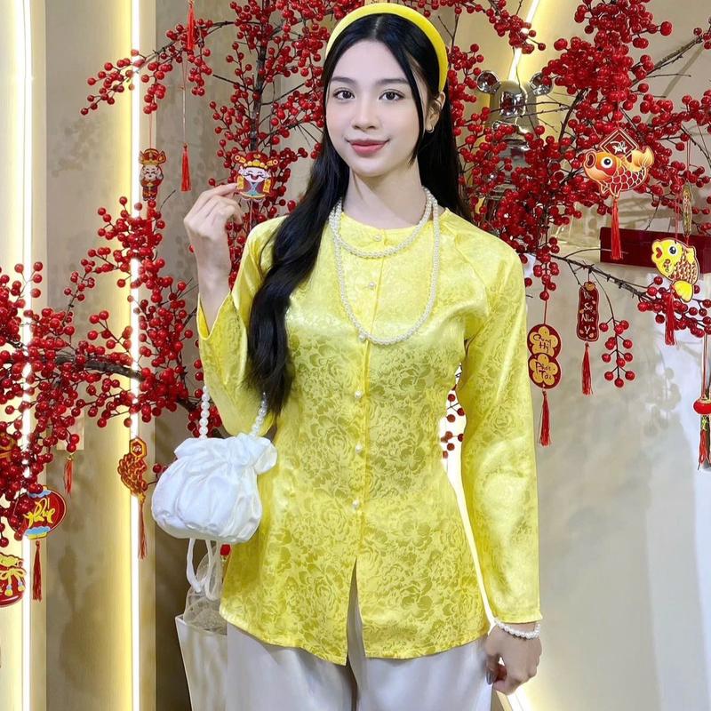 CẢ BỘ BÀ BA - ÁO VẢI GẤM VÂN HOA - TAY DÀI CỔ TRÒN - QUẦN LỤA SATIN 5