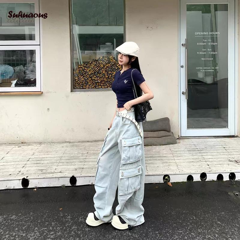 Áo Phông nữ, ngắn Tay, Cổ Henley, Chữ Thêu, Áo Mùa Hè, Thời Trang Đường Phố, SS24 4