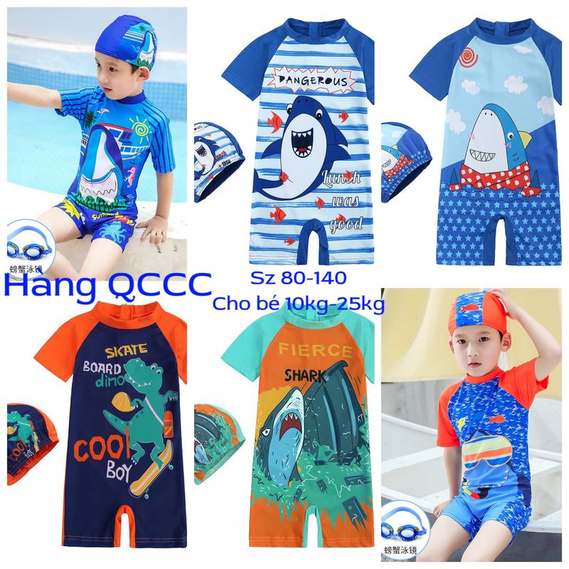 (hàng QC, sẵn) 10kg-25kg sz 80-130 Set đồ bơi liền cho bé trai có mũ SBT312  Bộ bơi cá mập trẻ em 1 tuổi đến 5/6 tuổi