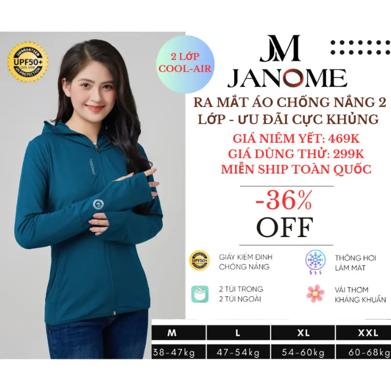 Áo chống nắng 2 lớp JANOME vải thơm cao cấp