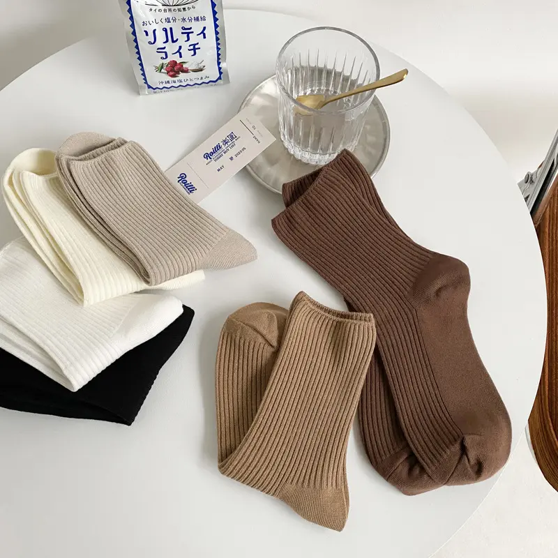 Winter, Warm, Ladies, Socks, Double Needle, Vertical Bar, Stacked Socks, Solid Color, Middle Tube, Long Socks