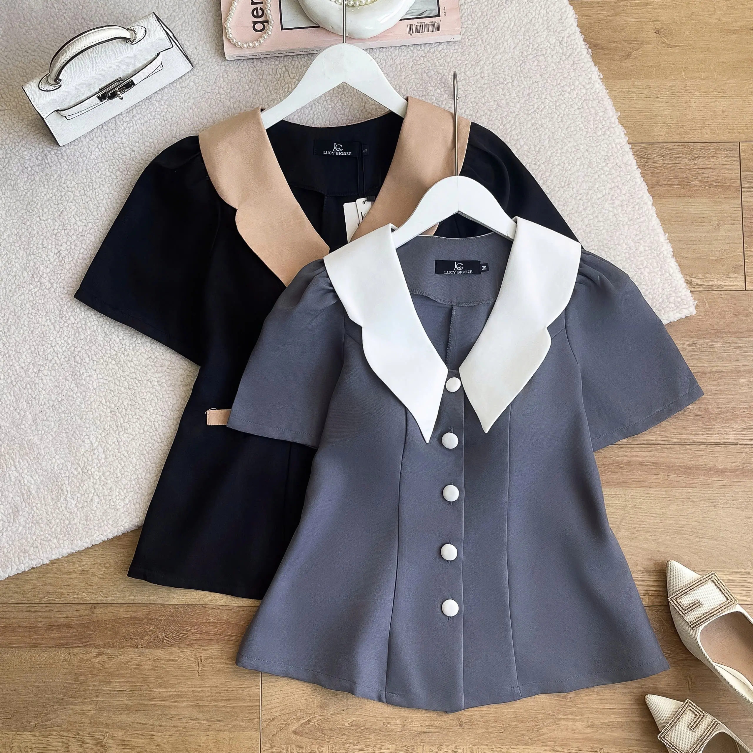ÁO CỔ KIỂU PHỐI MÀU NÚT BỌC TÚI DECOR COTTON BIGSIZE 50-90KG Nữ Women Top LC24-65