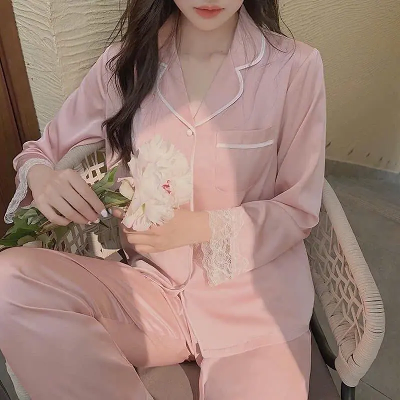 Bộ ngủ lụa nữ dài tay, bộ đồ mặc nhà xinh xắn phối ren nữ tính tiểu thư sang chảnh pijama siêu mềm mại cao cấp 132 B-2 8