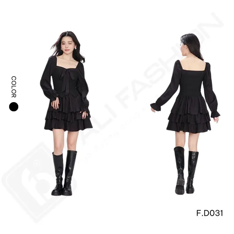 Đầm Xinh, Váy Dáng Ngắn Cổ Vuông FALI Tay Loe Phong Cách Thanh Lịch Mùa Thu Đông F.D031 7