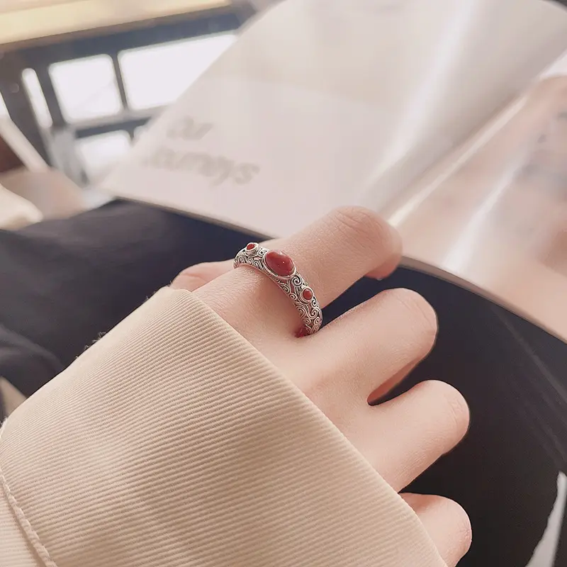 Chaosheng S925 Sterling Silver Auspicious Clouds Ruyi Hollow Inlaid With Southern Red Agate Ring Retro Literary And Ethnic Style Ring 3