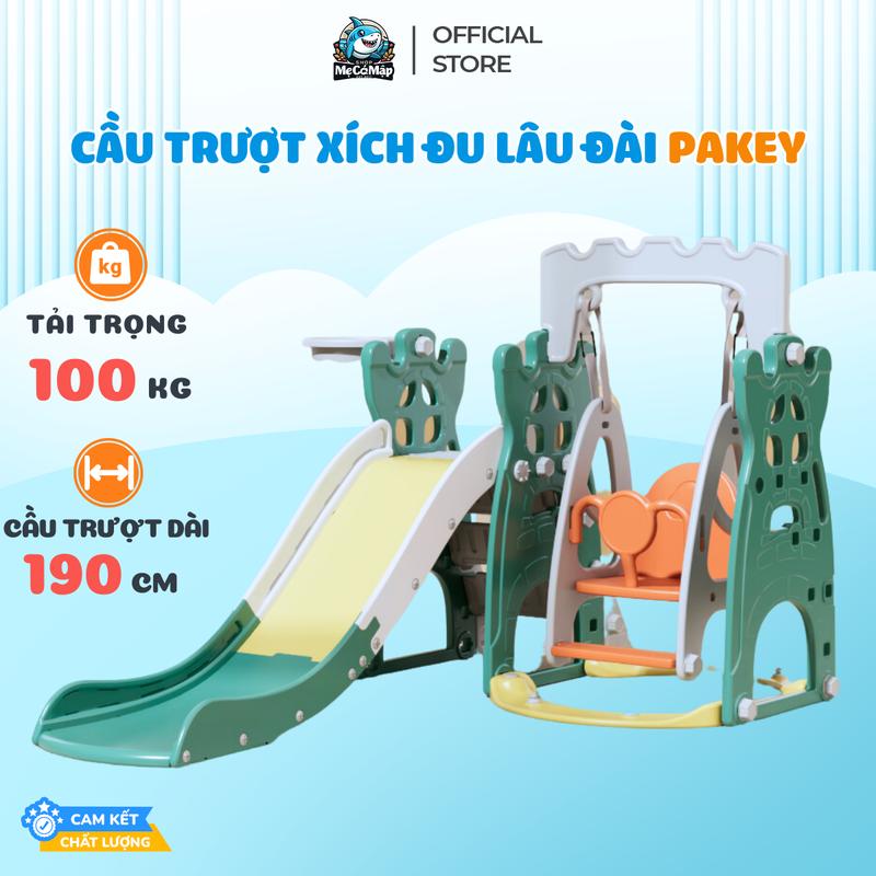 Cầu Trượt Xích Đu Pakey Lâu Đài Tặng Kèm Bóng Rổ, Cầu Trượt Cho Bé Chịu Tải 100kg,Cầu Trượt Dài 190cm Thành Cao An Toàn