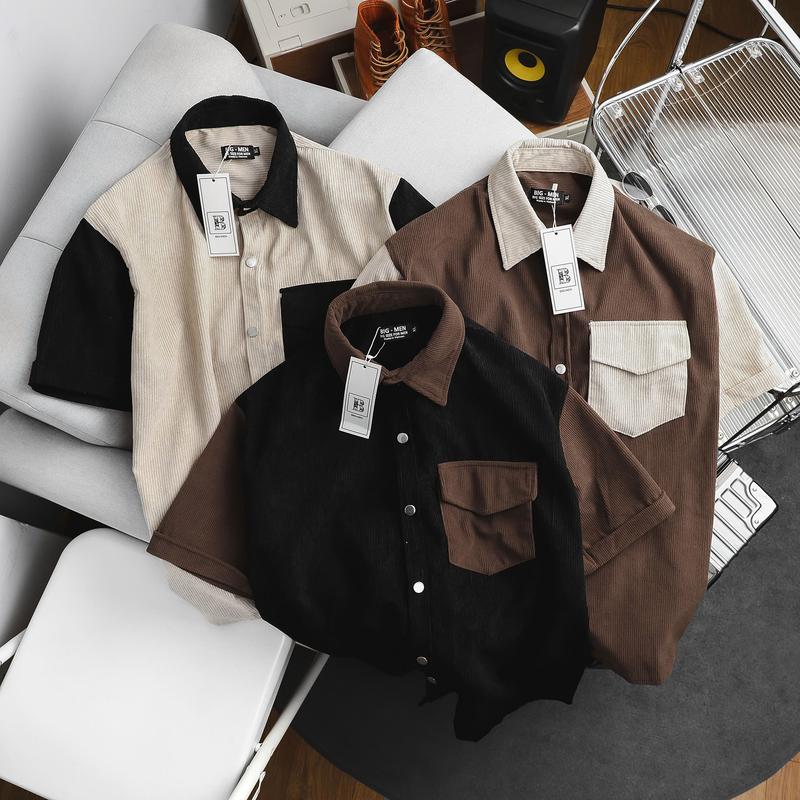 [Bigsize.Bigsizemen] Áo sơ mi tay ngắn chất vải nhung tăm phối màu cá tính bigsize nam 85- 135 kg