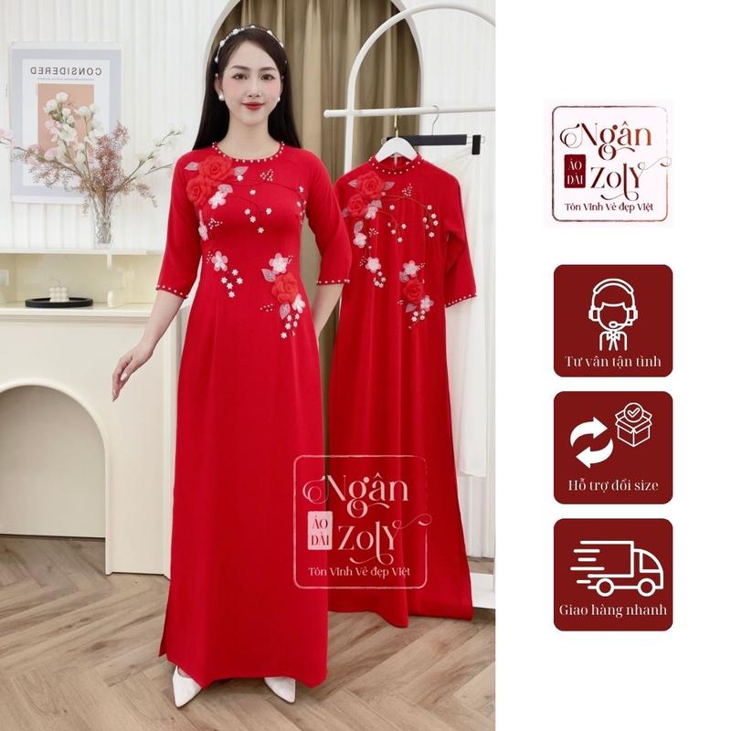 D7 Áo dài đỏ Lụa Mỹ đính kết hoa thủ công - Áo dài Nữ 4