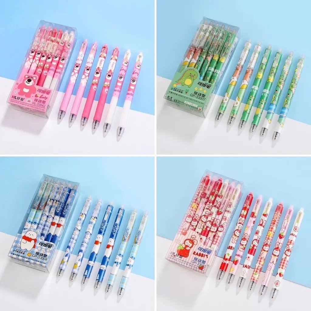 Hộp 12 bút gel bấm xoá được mực tím/xanh hình gấu dâu/phi hành gia/shine/doraemon
