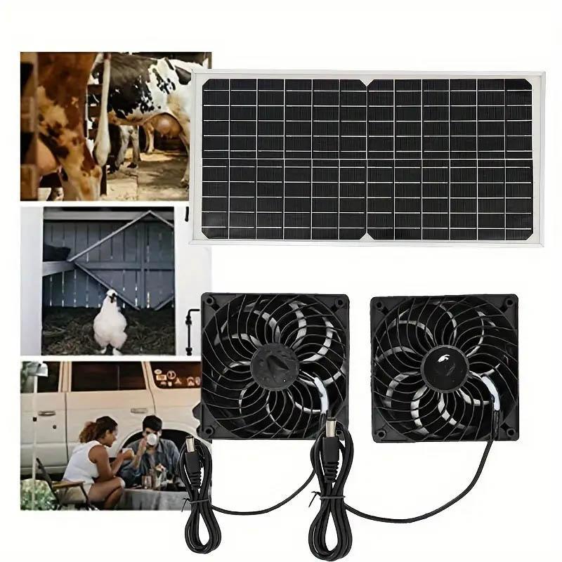 Solar Powered Dual Weatherproof Fan Kit, Solar Panel with 2 Exhaust Fans for Chicken Coop, Greenhouse, Shed, Pet House, Window Exhaust 2