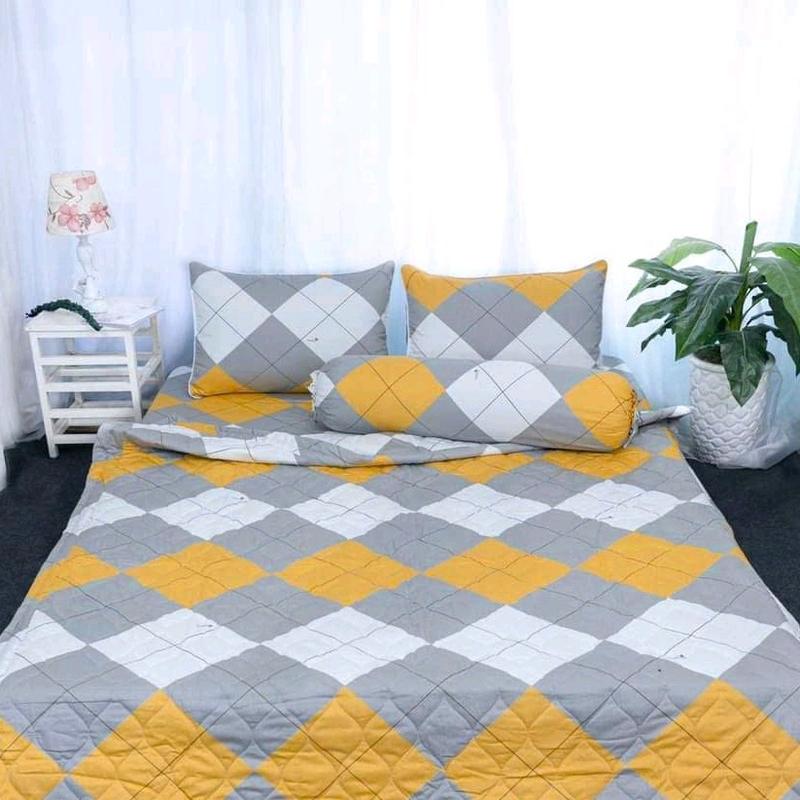  bộ ga gối cotton Thắng lợi tam giác vàng  4 món  và   5 món+ mền  2 vỏ gối nằm 50x70 có lót Gòn 40x60 ghi chú 1 ôm  1 ga bo chun 1 mền trần bông chân nệm 5cm,10cm,15cm cotton mềm mại thoáng mát ko xù lông ra màu ưu 