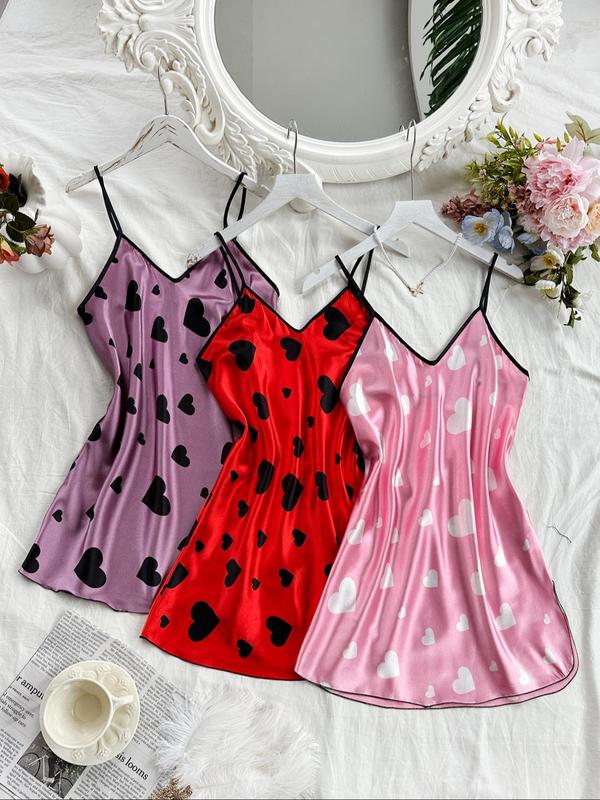 Women's Heart Print Contrast Binding Cami Nightdress, Casual Silky Soft Comfortable Adjustable Spaghetti Strap Nightgown, Dresses for Women, Ladies Sleepwear for All Seasons 2