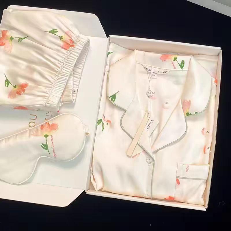 Product Introduction of Piyama Selesa, Ketibaan Baru, Untuk Gadis, Pakaian Musim Panas, Diperbuat daripada Sutera Ais, Nipis dan Bernafas, Gaya Kardigan, Lengan Pendek, Gaya Manis, Set Pakaian Rumah mewah 8