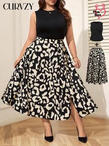 CURVZY Plus Size Two-Piece Set Solid Tank Top & All Over Print Skirt, Casual Sleeveless Top & Skirt for Daily Wear, Women's Two-piece Outfits for Summer