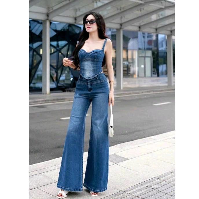  Sét bộ jean qc Nữ Áo Top 2 dây mocking sau phối quần jean dài ống loe dành cho tiểu thư cá tính mặc đi chơi dao phố siêu xinh xắn sang trọng sang chảnh Women 