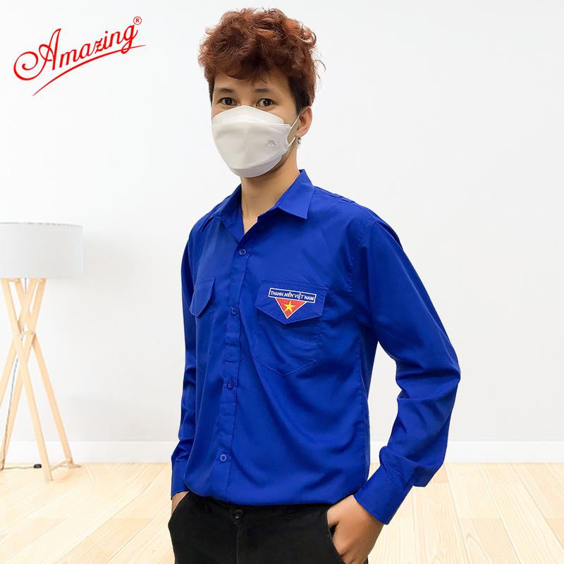 Áo sơ mi đoàn viên nam tay ngắn và tay dài, đồng phục thanh niên Việt Nam thêu cờ đỏ sao vàng, 2 túi có nắp và cầu vai, size 110kg