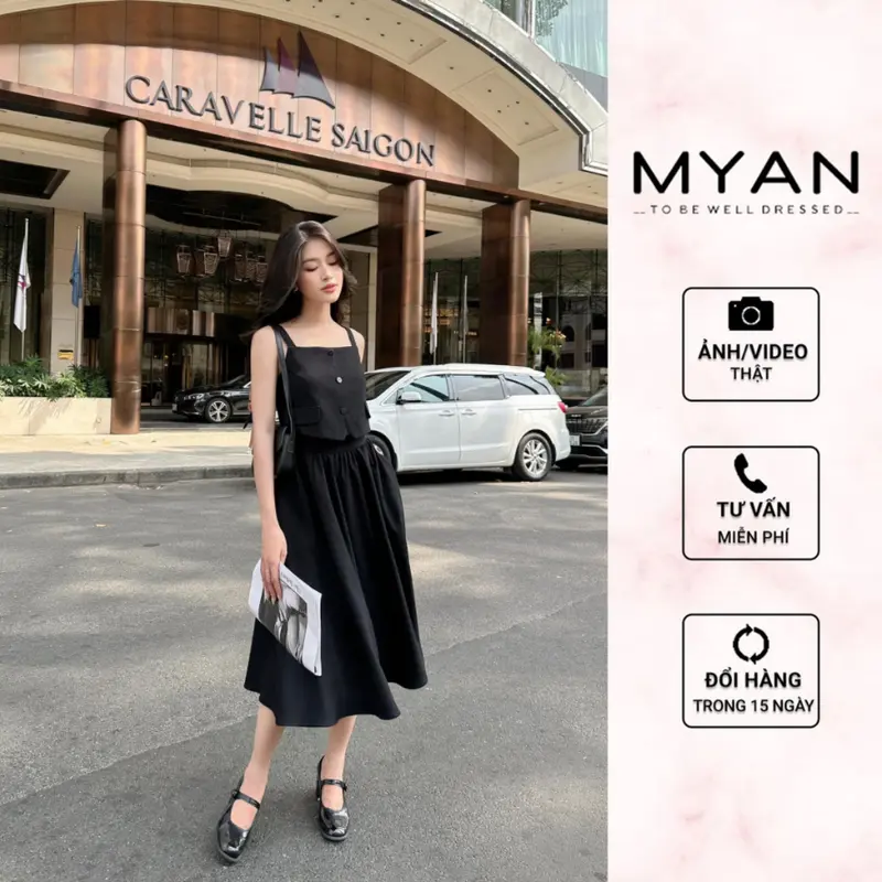 Design By MYAN Set Áo 2 Dây Croptop và Chân váy Midi Dài Dáng Xòe Có Kéo Khóa Sau Mã Avn042301 + Vvn042303 0