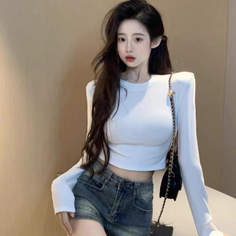  Áo Croptop Dài Tay Chất Thun Co Giãn 4 Chiều Kiểu Dáng Hàn Quốc Mới Nhất AA5 Sơ Mi Nữ Cổ Tròn Áo Thun Đen Nhung Voi Jean 