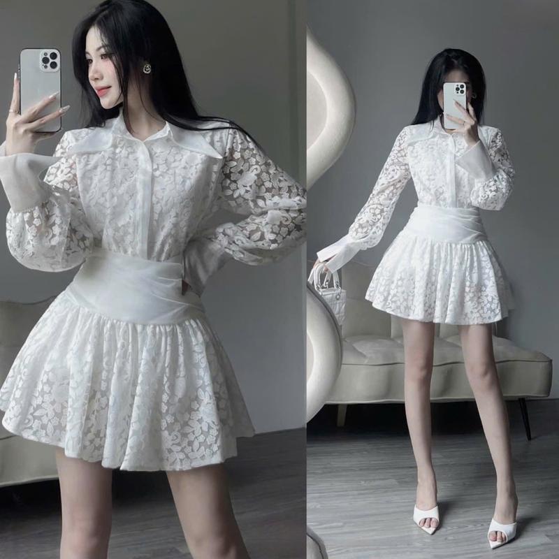 Set hai món : áo sơ mi tay dài + chân váy ngắn dáng xoè chất voan hoa màu trắng sang trọng