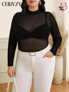 CURVZY Plus Size Solid Sheer Mock Neck Tulle Tee, Casual Long Sleeve Top for Daily Wear, Women's Clothing for All Seasons