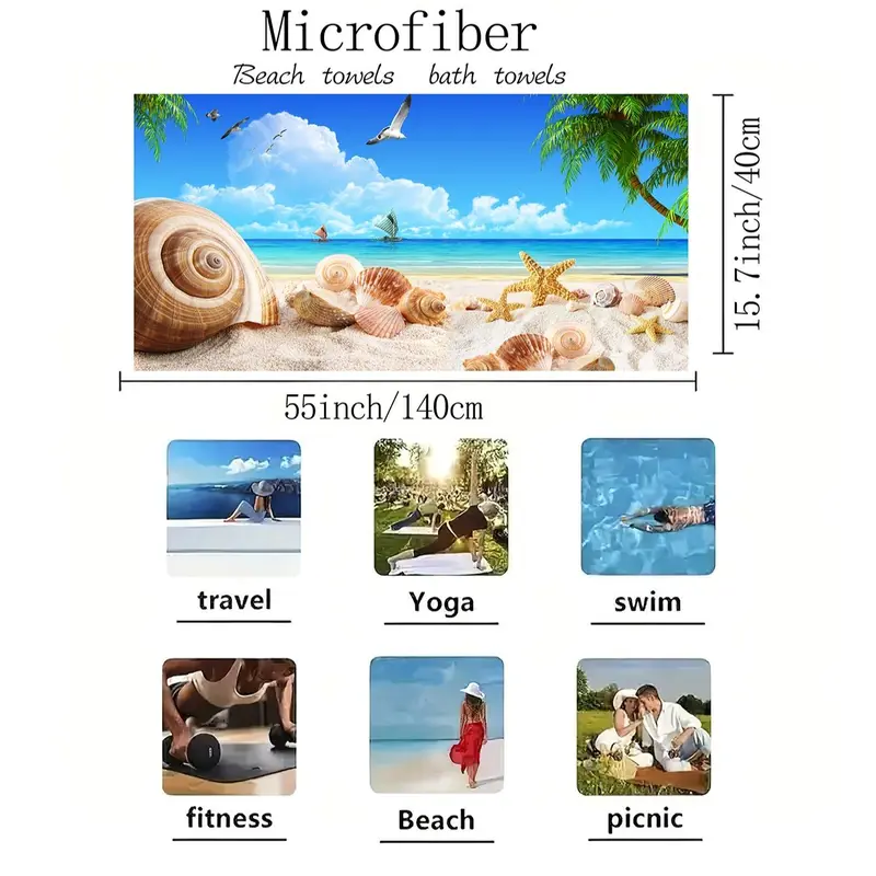 Starfish & Beach Pattern Beach Towel, 1 Count Quick Drying Beach Towel, Soft Absorbent Towel for Home Bathroom Beach Vacation 1