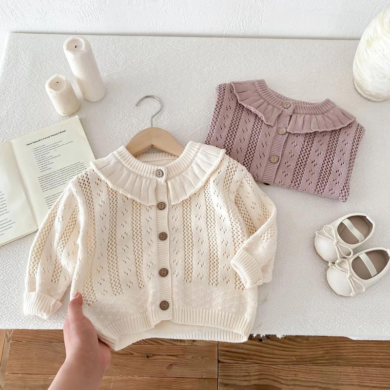 Product Introduction of Korean Baby Girl Autumn Hollow Out Sweater Cardigan Kids Fashion Cotton Ruffle Collar Knitted Jacket Spring Solid Outerwear Coat 30