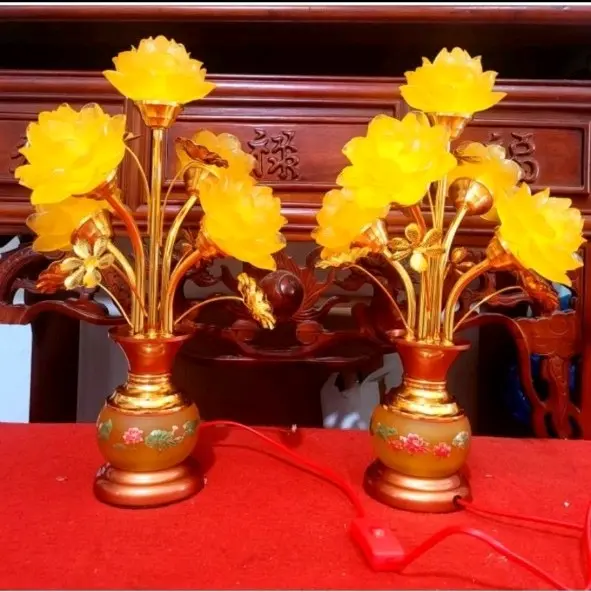 Đôi Đèn Hoa Sen 5 bông bầu ngọc  có đổi màu cao  45 cm