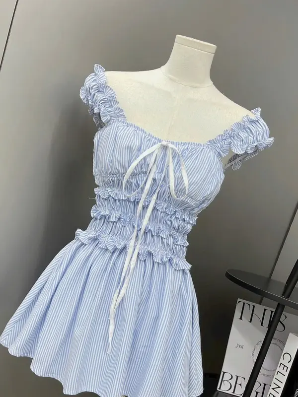 Đầm kẻ sọc chun eo form xòe thắt nơ Lina Closet Nữ Women Dress 2