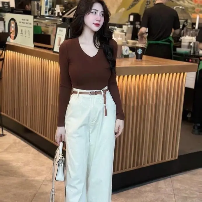 Áo cổ tim tay dài thun tăm mịn mát body nữ 3