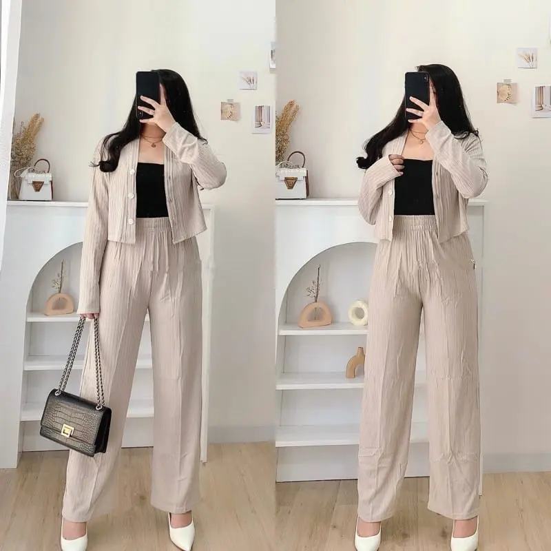 Setelan wanita crop dan celana set premium knith
