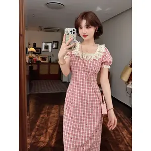 [ready stock]PO15 CHICMORE Gaun wanita kotak-kotak lengan pendek kerah persgi gaya retro