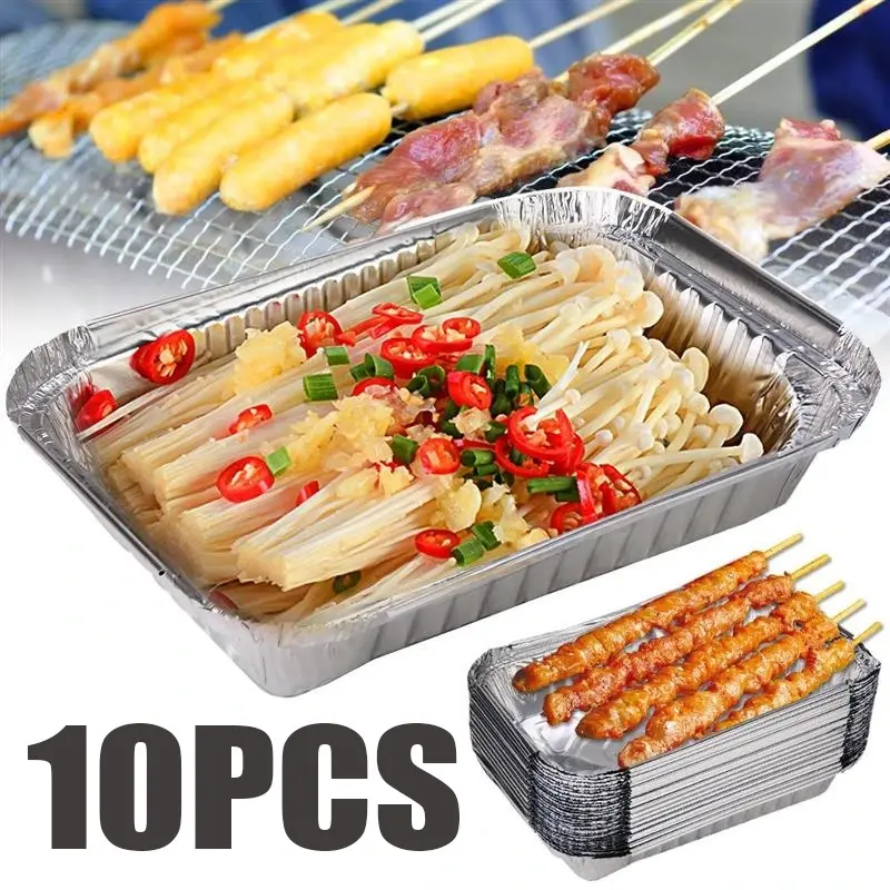5/10Pcs BBQ Aluminum Foil Tin Box Oil-proof Non-stick Fish Steaming Tray Tart Egg Cake Baking Cup Fruit Cooked Food Placing Container Air Frying Pan Oven Steamer Liner