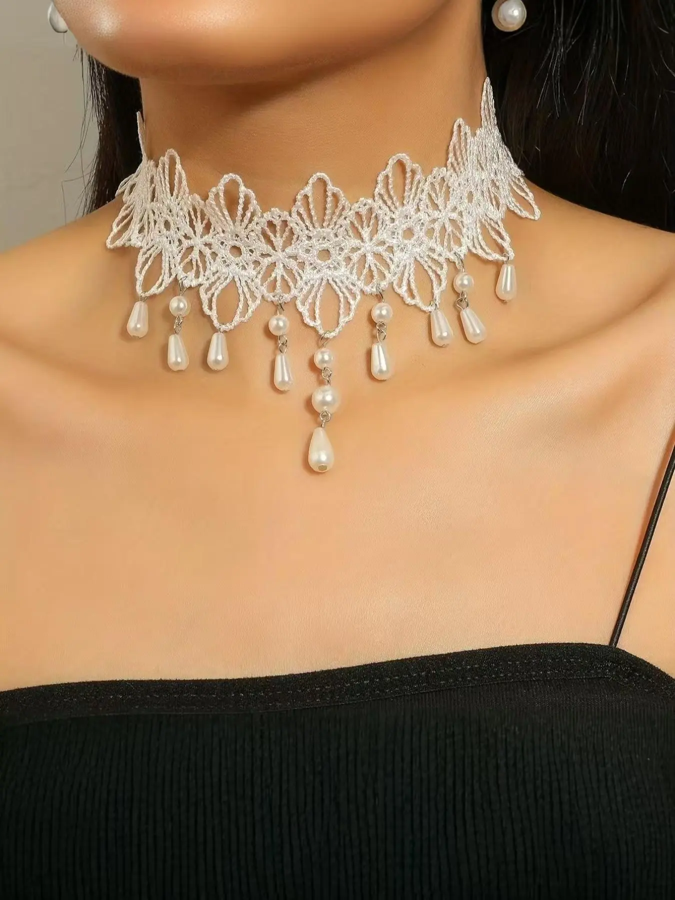 Women's Elegant Lace Design Choker, Faux Pearl Decor Necklace for Party, Daily Clothing Decor, Trendy All-match & Exquisite Jewelry for Birthday Gift