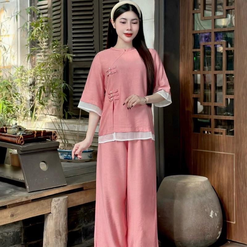[ Diệu Mai ] Bộ đồ lam trang nghiêm Đũi Lụa 5 màu đi lễ chùa  Women Nữ Voi Jacket 4