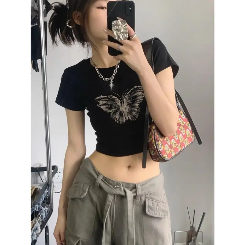 Áo Crop-Top, Áo Phông ngắn Tay Áo, Hàng Mới Về Mùa Hè Của Phụ Nữ, Thiết Kế Bướm Dễ Thương Và Gợi Cảm, Tay Lửng Áo, Áo Lớp Cơ Sở, Mỏng Vừa Vặn, Áo Bó Sát, Bán Chạy, Phong Cách Ins, Năm 2025 7