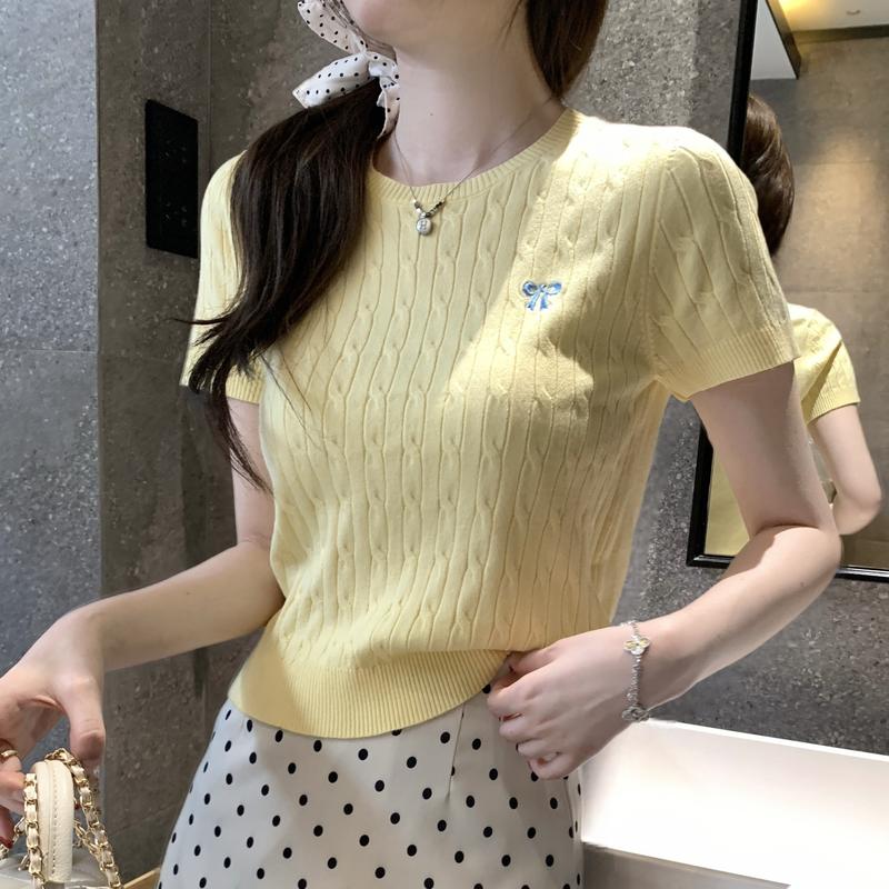 Product Introduction of New Style Braided Embroidered Short Sleeve Knitted Top for Women Korean Style Slimming Short Top 12
