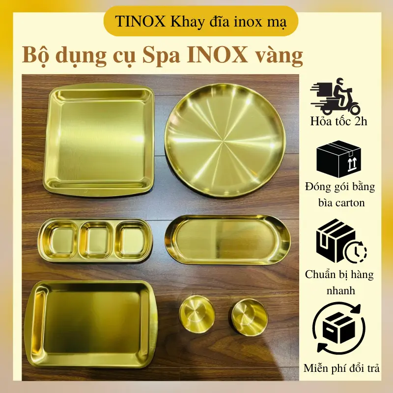 Đĩa vàng Spa TINOX Bộ Đĩa khay vàng đựng kim tiêm, filler botox, dụng cụ spa y tế mạ màu vàng đẹp