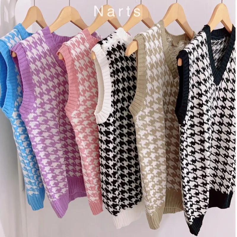 VEST RAJUT ROMPI WANITA KOREA JENNIE - HOUNDSTOOTH Panjang Tebal Atasan