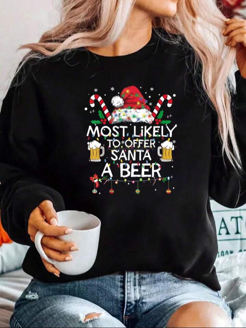 Product Introduction of 【Plus Size】 Christmas Theme Print Thermal Lined Drop Shoulder Sweatshirt, Casual Long Sleeve Round Neck Pullover for Daily Wear, Women's Clothing for Fall & Winter 1