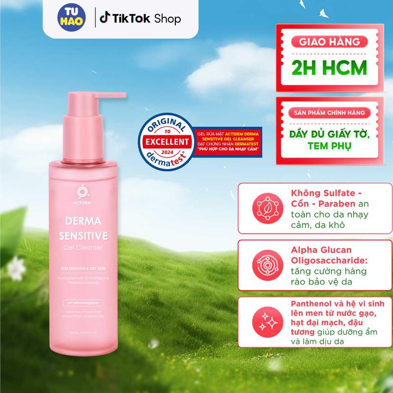 [Tặng quà khi mua 1 tuýp] Gel rửa mặt giúp ngừa mụn cho da khô, hỗn hợp Actidem Derma Sensitive Gel Cleanser 180ml - Từ Hảo