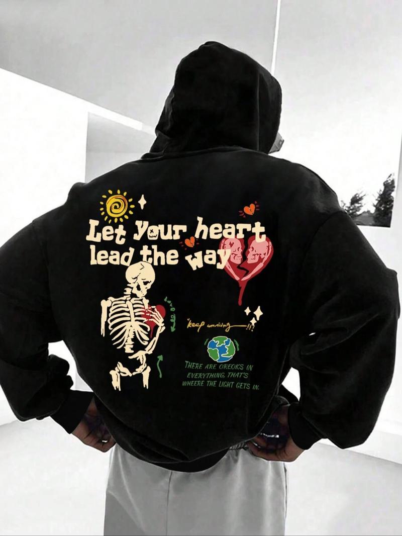 Product Introduction of Men's Skeleton & Letter Print Drop Shoulder Thermal Lined Hoodie, Fashion Casual Regular Fit Drawstring Pocket Hooded Sweatshirt for Daily Holiday Outdoor Wear, Men Clothes for Fall & Winter 1