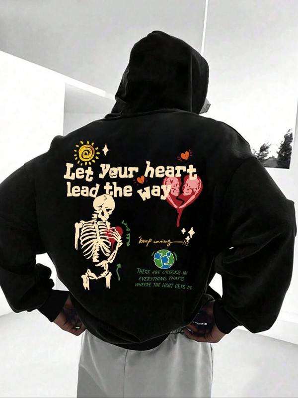 Men's Skeleton & Letter Print Drop Shoulder Thermal Lined Hoodie, Fashion Casual Regular Fit Drawstring Pocket Hooded Sweatshirt for Daily Holiday Outdoor Wear, Men Clothes for Fall & Winter 0