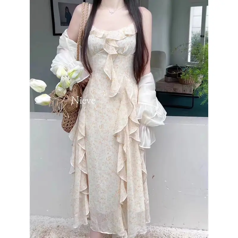 Gaun premium 9937 sifon setali korean style vintage plus outer Bunga baju pantai 1