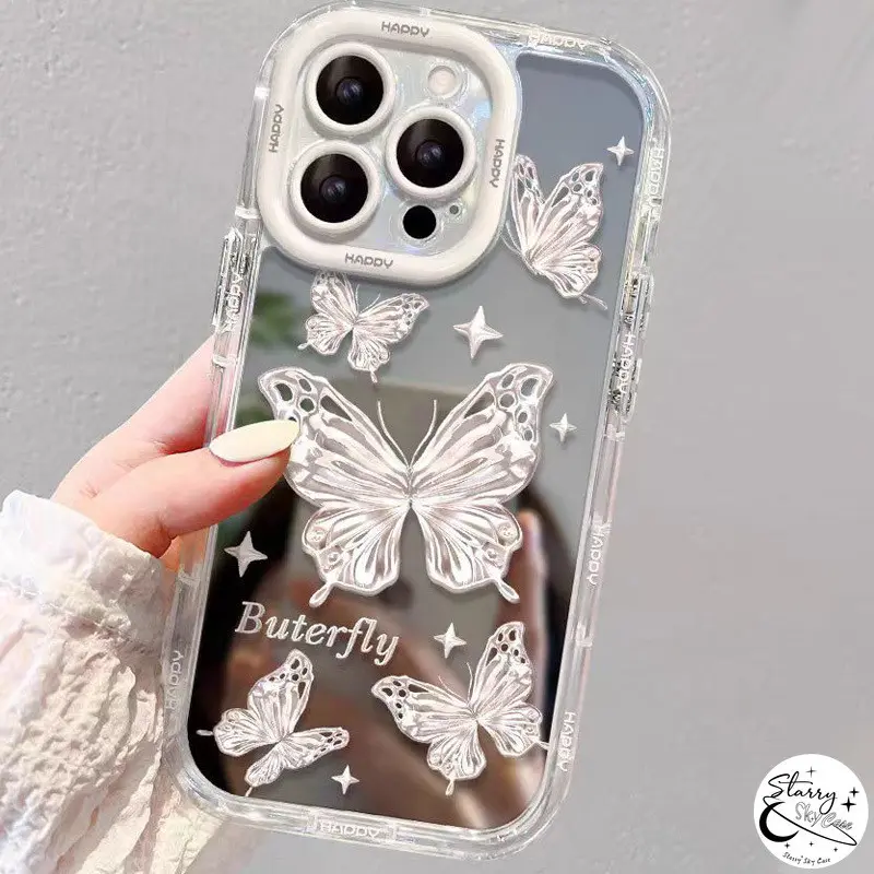 Fashion Kartun Melamun Gemerlap Kupu-kupu Beruntung Surat Grafiti Penutup Mengkilap Untuk Realme C20 C67 C20A C53 C51 C15 C25 C11 C11 2021 C12 C25s Note 50 Narzo 20 30A Kotak Rias Cermin Puff Mewah 3