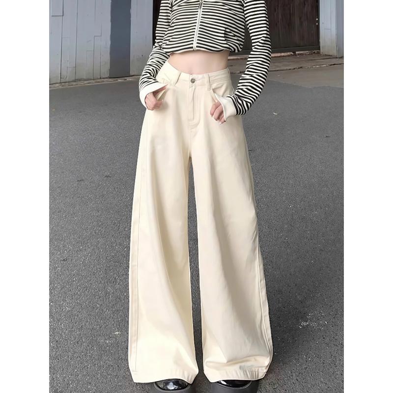 Quần jeans bò màu kem ống suông rộng phong cách Hàn Quốc 1